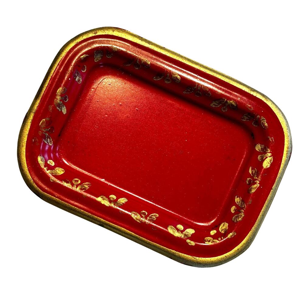 Vintage Red metal tip tray with decorative gold floral border made in England